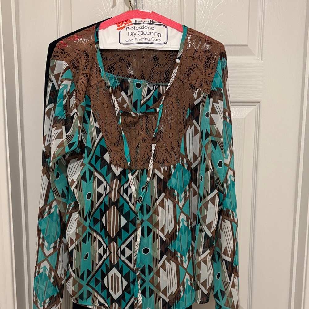 Elegant Teal and Brown Geometric Blouse with Lace.  Western Style